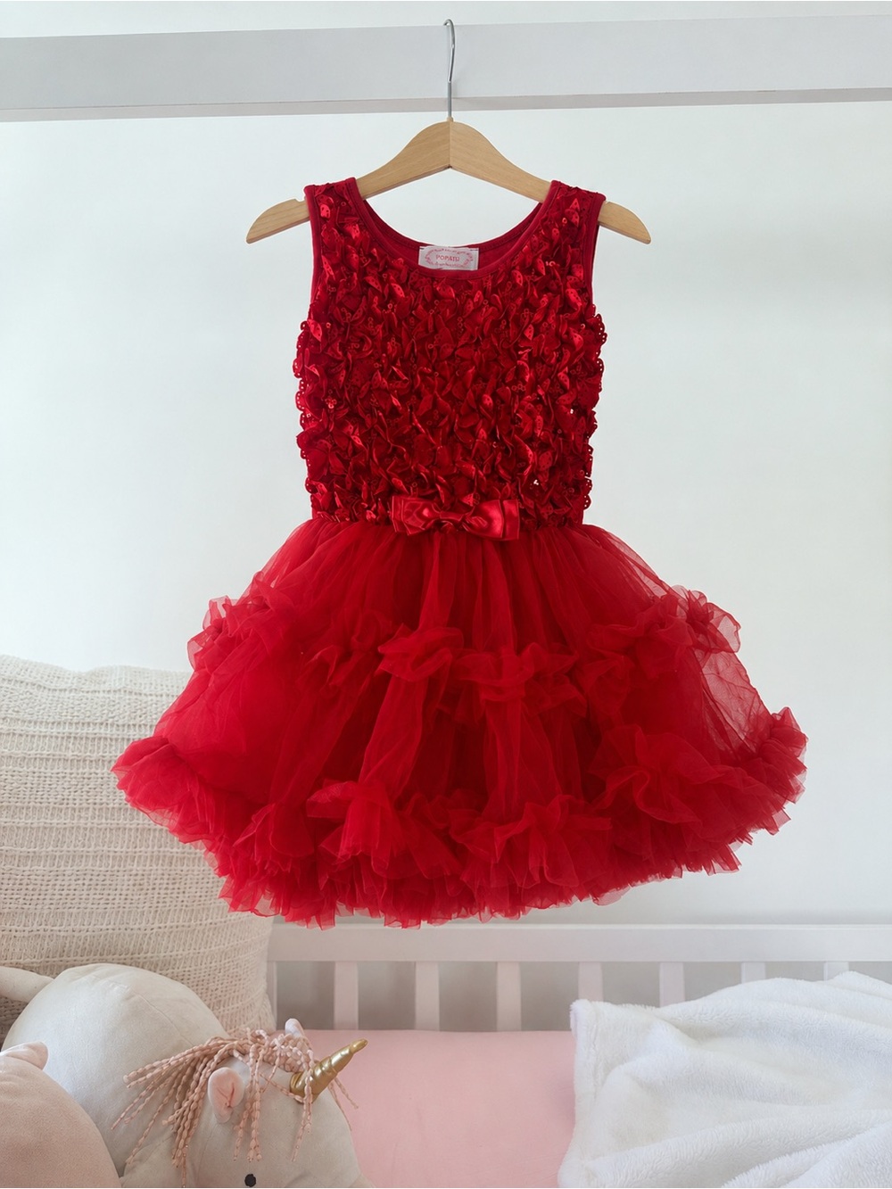 Popatu Dress Size S 3-4 Red Sequin Ruffle Tulle Party
